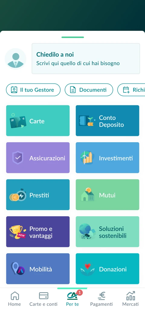 Sezione Per te dell’app Crédit Agricole Italia, con accesso ai servizi