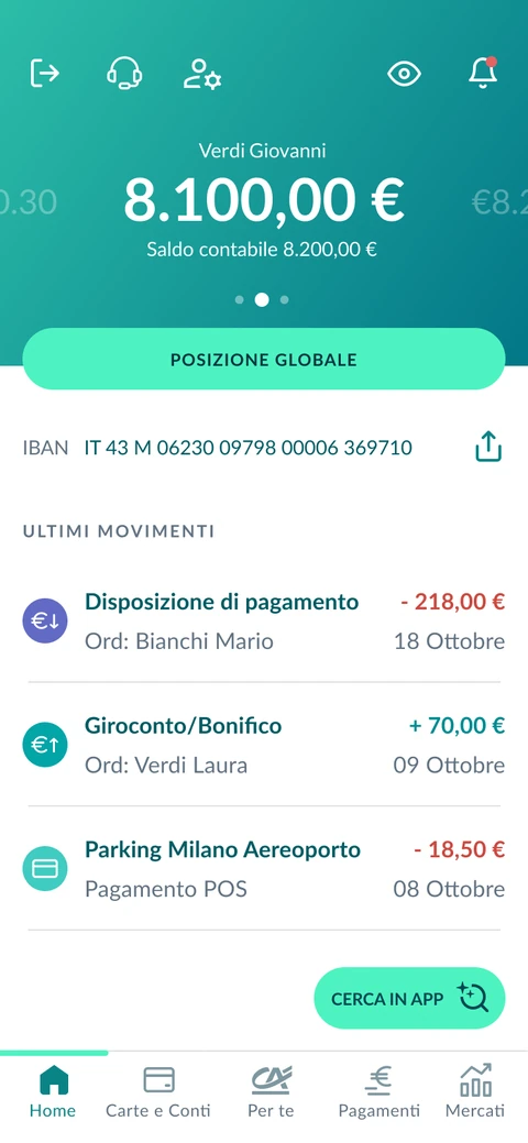 Schermata Home dell’app Crédit Agricole Italia, con saldo e movimenti