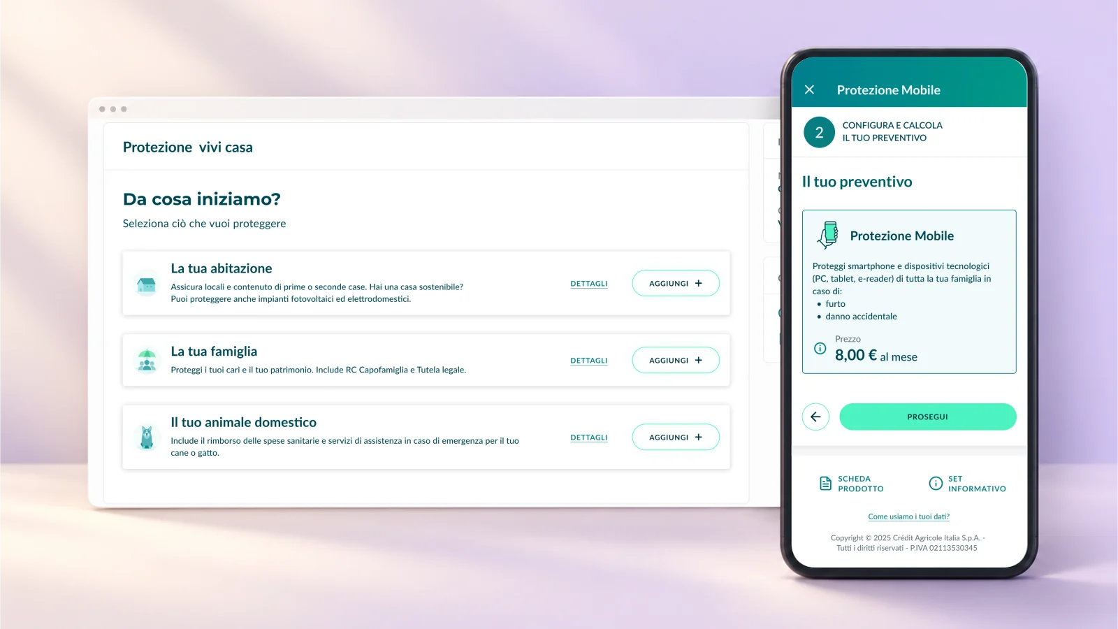 Schermate del percorso assicurativo: scelta delle coperture su Home Banking e preventivo Protezione Mobile su App